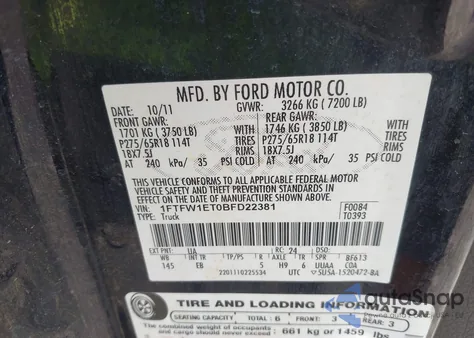 2011 Ford F-150 Lariat из США, поврежденный, VIN 1FTFW1ET0BFD22381